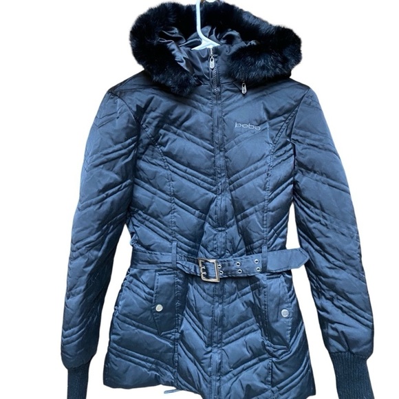 Bebe Black Rabbit Fur Trim with Blended Down Feather Jacket I Size: S - Picture 4 of 12